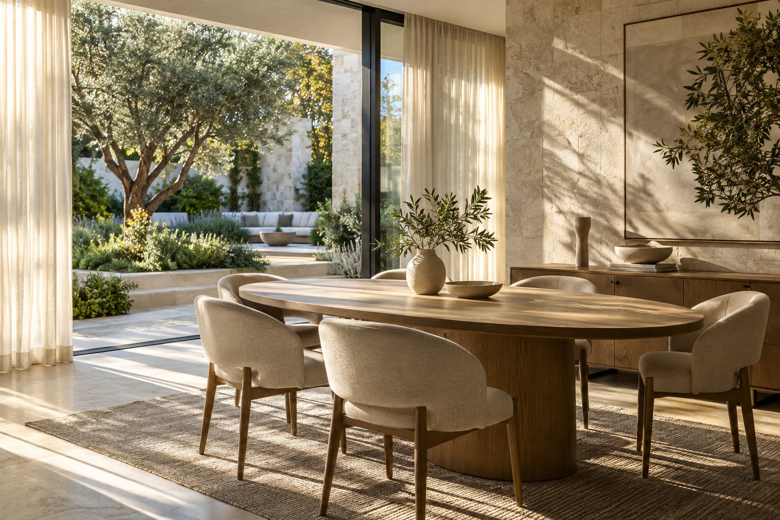 Morning sunshine across a natural oak dining table beside a leafy courtyard.