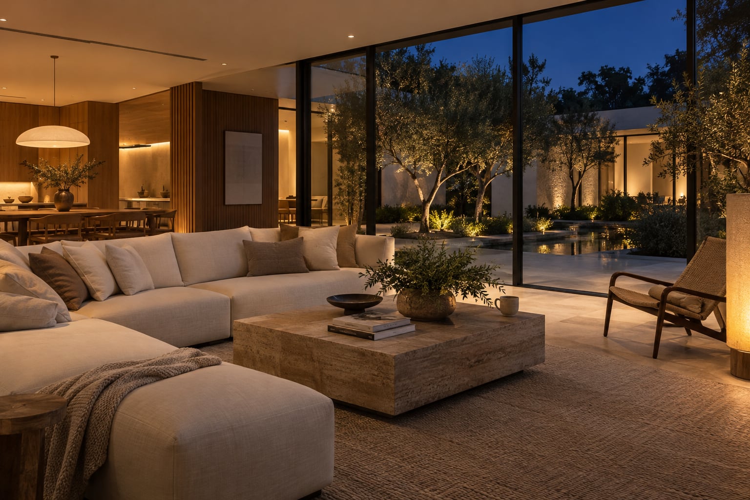 A warmly lit contemporary living room opening onto a peaceful garden at dusk.